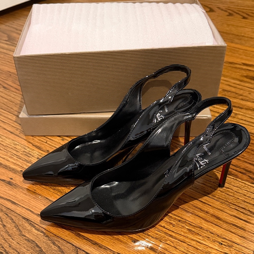 Black Patent Leather Slingback Heels with red bottoms